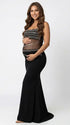 Black Rhinestone Maternity Maxi Dress with Sheer Mesh for Pregnancy Photoshoot