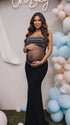 Black Rhinestone Maternity Maxi Dress with Sheer Mesh for Pregnancy Photoshoot