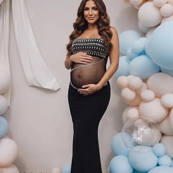 Black Rhinestone Maternity Maxi Dress with Sheer Mesh for Pregnancy Photoshoot
