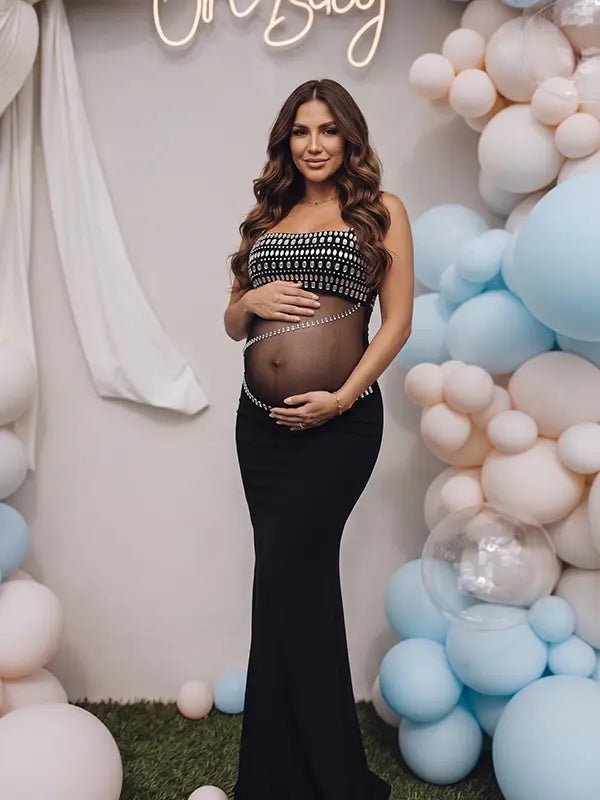 Black Rhinestone Maternity Maxi Dress with Sheer Mesh for Pregnancy Photoshoot