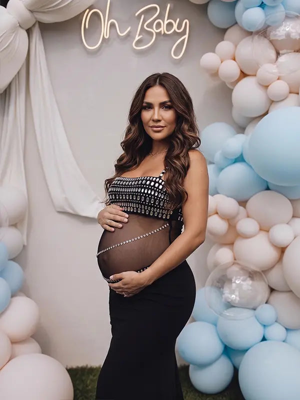 Black Rhinestone Maternity Maxi Dress with Sheer Mesh for Pregnancy Photoshoot