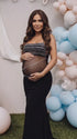 Black Rhinestone Maternity Maxi Dress with Sheer Mesh for Pregnancy Photoshoot
