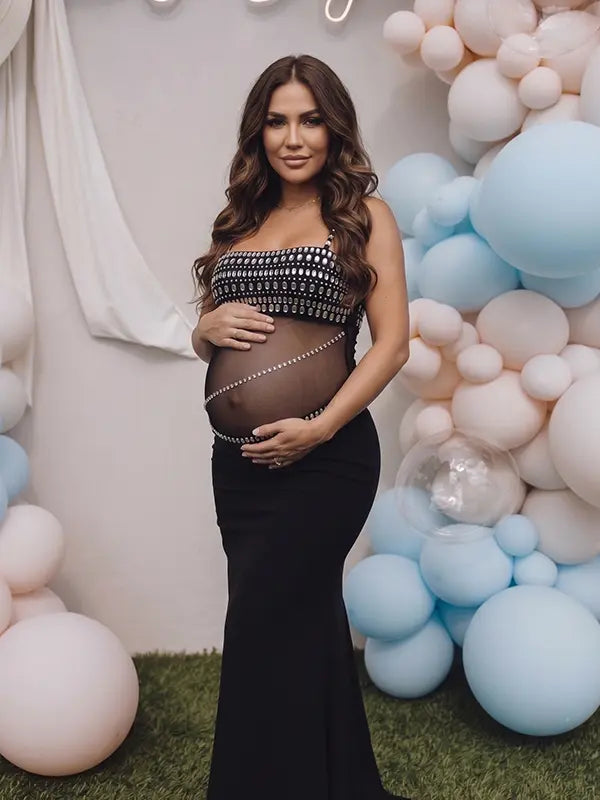 Black Rhinestone Maternity Maxi Dress with Sheer Mesh for Pregnancy Photoshoot