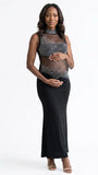 A black rhinestone illusion mesh maternity mermaid maxi dress for luxury maternity photoshoots, baby showers, editorial portraits, and formal pregnancy events.