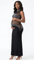 A black rhinestone illusion mesh maternity mermaid maxi dress for luxury maternity photoshoots, baby showers, editorial portraits, and formal pregnancy events.