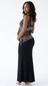 A black rhinestone illusion mesh maternity mermaid maxi dress for luxury maternity photoshoots, baby showers, editorial portraits, and formal pregnancy events.