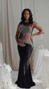 A black rhinestone illusion mesh maternity mermaid maxi dress for luxury maternity photoshoots, baby showers, editorial portraits, and formal pregnancy events.