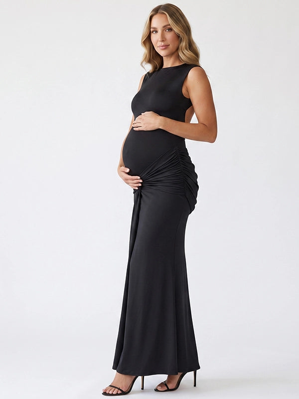 Black Open Back Maternity Dress with Ruched Bodycon Fit | Bumplook
