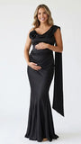 Black Satin Draped Cowl Neck Maternity Mermaid Gown with Boned Corset & Floral Detail