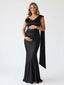 Black Satin Draped Cowl Neck Maternity Mermaid Gown with Boned Corset & Floral Detail