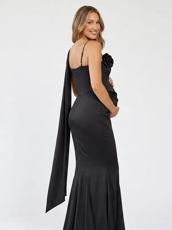 Black Satin Draped Cowl Neck Maternity Mermaid Gown with Boned Corset & Floral Detail