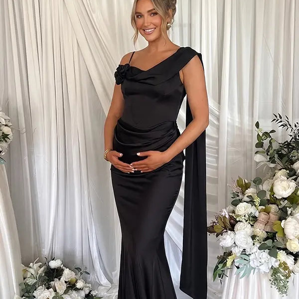 Black Satin Draped Cowl Neck Maternity Mermaid Gown with Boned Corset & Floral Detail