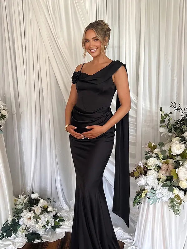 Black Satin Draped Cowl Neck Maternity Mermaid Gown with Boned Corset & Floral Detail