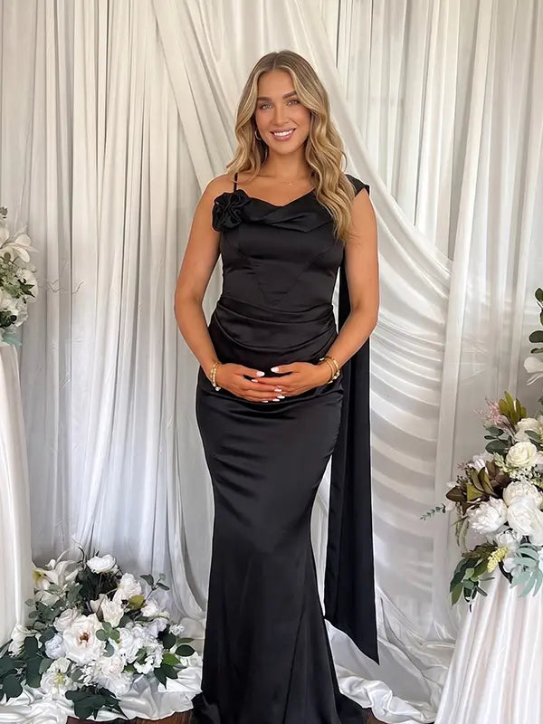 Black Satin Draped Cowl Neck Maternity Mermaid Gown with Boned Corset & Floral Detail