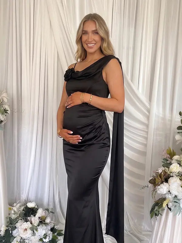 Black Satin Draped Cowl Neck Maternity Mermaid Gown with Boned Corset & Floral Detail