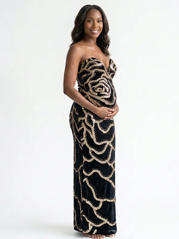Black Sequin Rose Maternity Maxi Dress for Baby Shower and Luxury Maternity Photoshoot