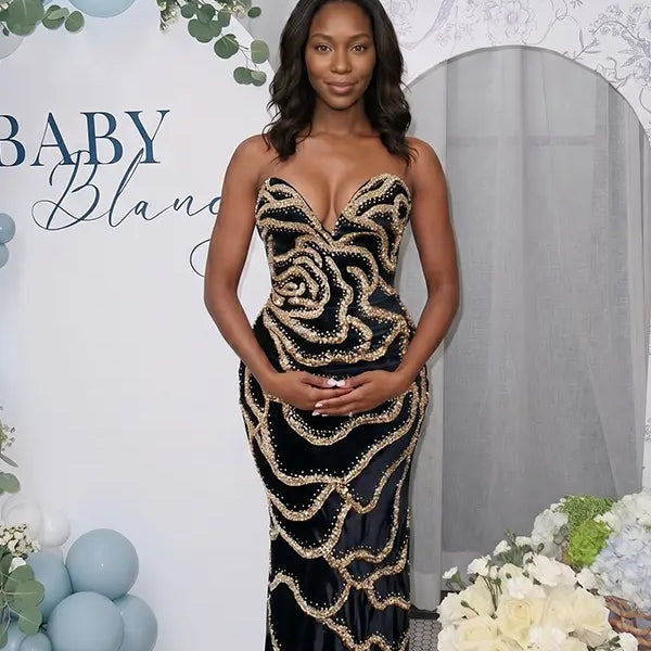 Black Sequin Rose Maternity Maxi Dress for Baby Shower and Luxury Maternity Photoshoot