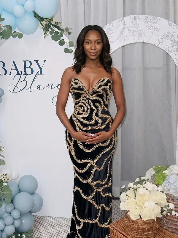 Black Sequin Rose Maternity Maxi Dress for Baby Shower and Luxury Maternity Photoshoot