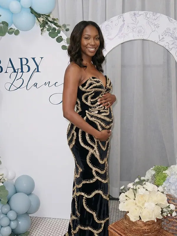 Black Sequin Rose Maternity Maxi Dress for Baby Shower and Luxury Maternity Photoshoot
