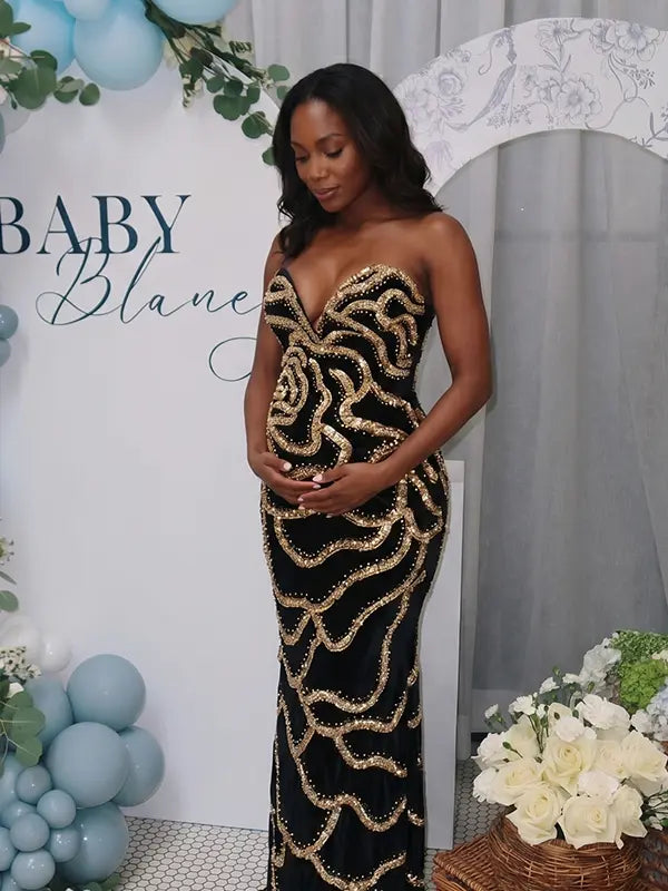 Black Sequin Rose Maternity Maxi Dress for Baby Shower and Luxury Maternity Photoshoot