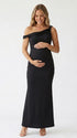 black solid off shoulder maternity maxi dress with bodycon silhouette