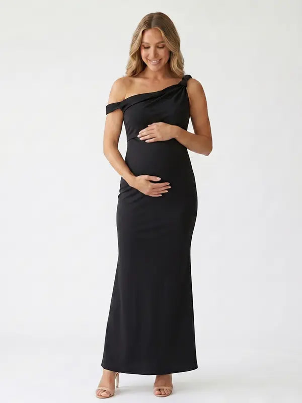 black solid off shoulder maternity maxi dress with bodycon silhouette