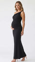 black solid off shoulder maternity maxi dress with bodycon silhouette