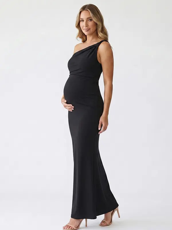 black solid off shoulder maternity maxi dress with bodycon silhouette
