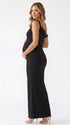 black solid off shoulder maternity maxi dress with bodycon silhouette