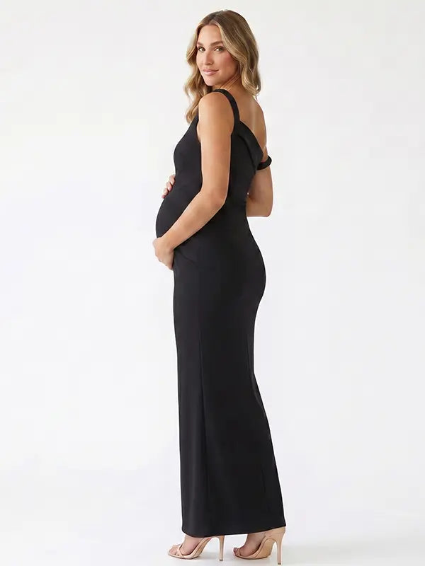 black solid off shoulder maternity maxi dress with bodycon silhouette