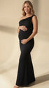 black solid off shoulder maternity maxi dress with bodycon silhouette