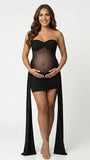 black strapless maternity mini dress with ruched skirt and draped side panels