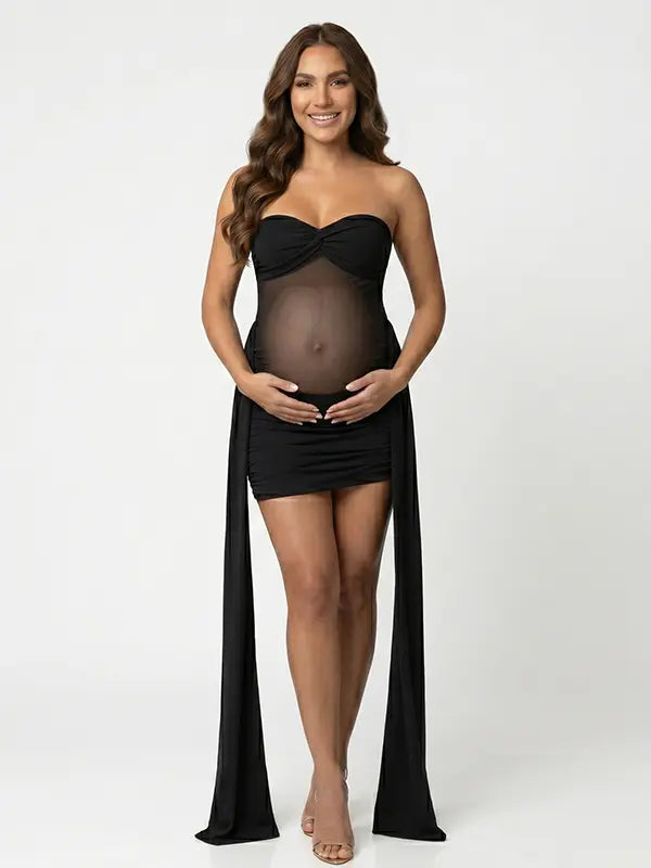 black strapless maternity mini dress with ruched skirt and draped side panels