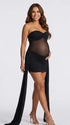 black strapless maternity mini dress with ruched skirt and draped side panels