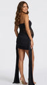 black strapless maternity mini dress with ruched skirt and draped side panels