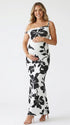 black and white print off shoulder maternity maxi dress with bodycon silhouette