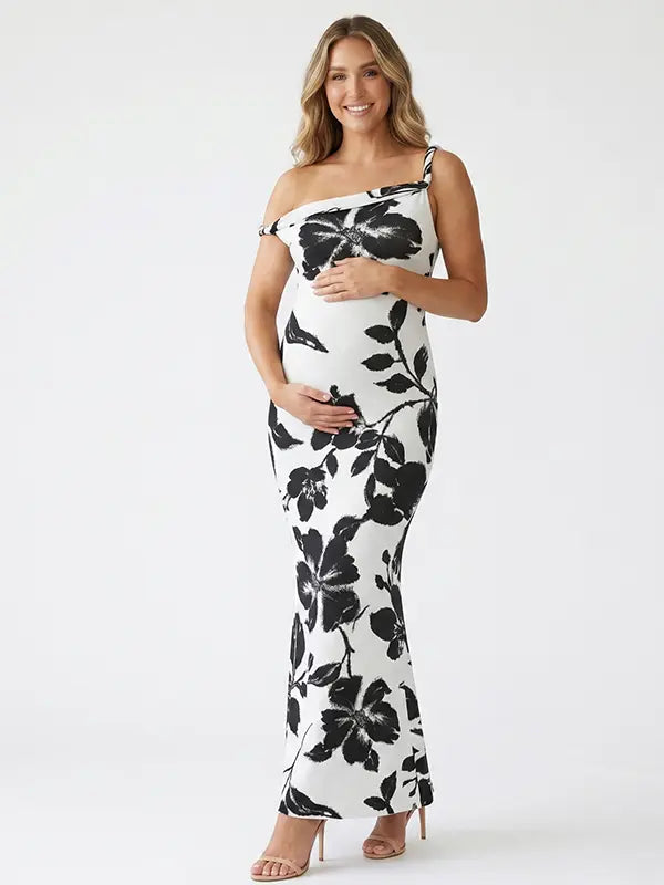 black and white print off shoulder maternity maxi dress with bodycon silhouette