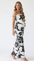 black and white print off shoulder maternity maxi dress with bodycon silhouette