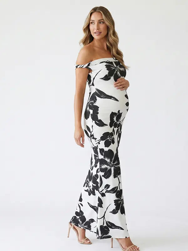 black and white print off shoulder maternity maxi dress with bodycon silhouette