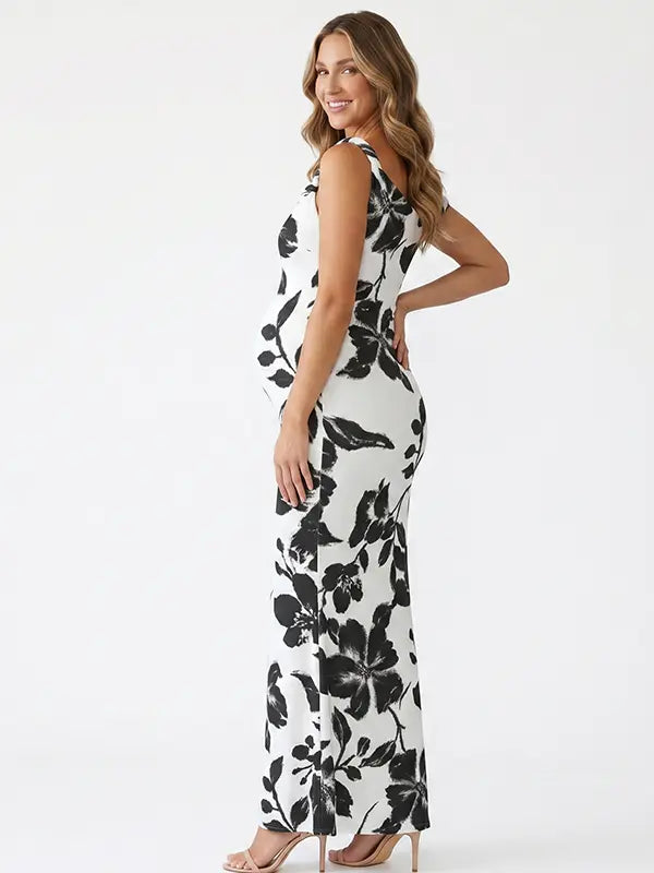 black and white print off shoulder maternity maxi dress with bodycon silhouette
