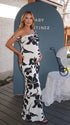 black and white print off shoulder maternity maxi dress with bodycon silhouette