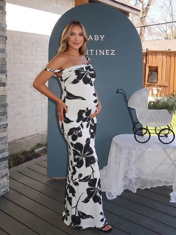 black and white print off shoulder maternity maxi dress with bodycon silhouette