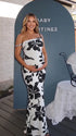 black and white print off shoulder maternity maxi dress with bodycon silhouette