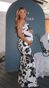 black and white print off shoulder maternity maxi dress with bodycon silhouette