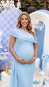 Baby Blue Gender Reveal Maternity Dress with Draped Neckline | Bumplook