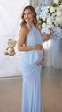 Baby Blue Butterfly Halter Maternity Maxi Dress with Ruched Draping | Bumplook