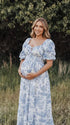 Blue Cottagecore Maternity Photoshoot Dress with Romantic Puff Sleeves | Bumplook