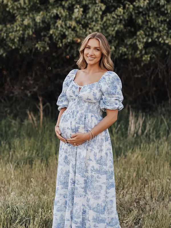 Blue Cottagecore Maternity Photoshoot Dress with Romantic Puff Sleeves | Bumplook