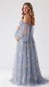 Dusty Blue Off Shoulder Maternity Maxi Dress with Floral Embroidered Tulle and Flowing Floor Length Skirt for Baby Shower and Maternity Photoshoot | Bumplook