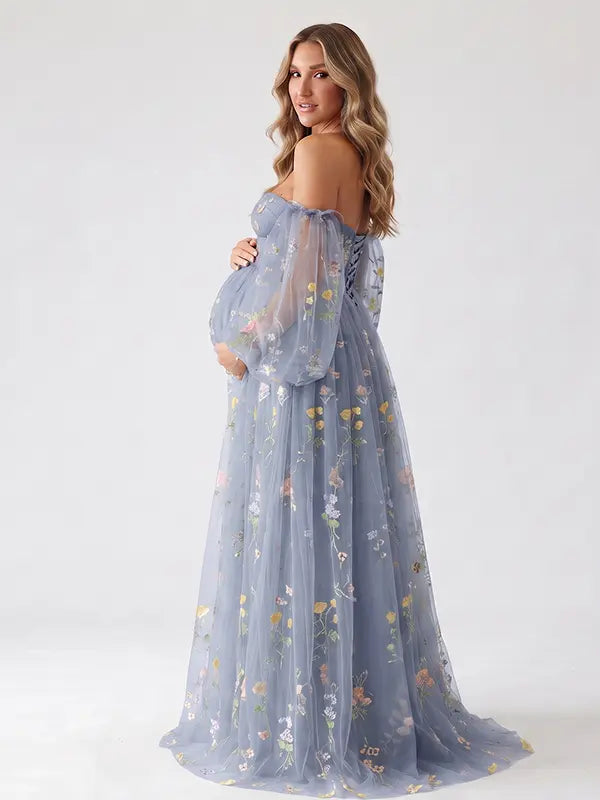 Dusty Blue Off Shoulder Maternity Maxi Dress with Floral Embroidered Tulle and Flowing Floor Length Skirt for Baby Shower and Maternity Photoshoot | Bumplook
